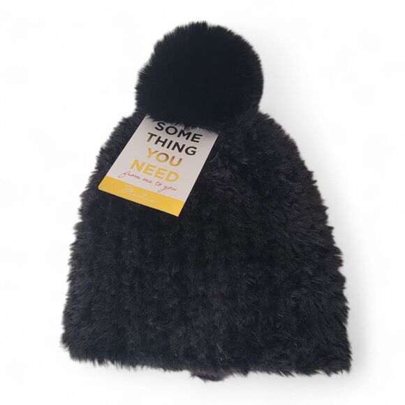 Studio Accessories - NWT Studio Faux Fur Beanie Women's Black Winter Hat Pom Warm Outdoors Stretch